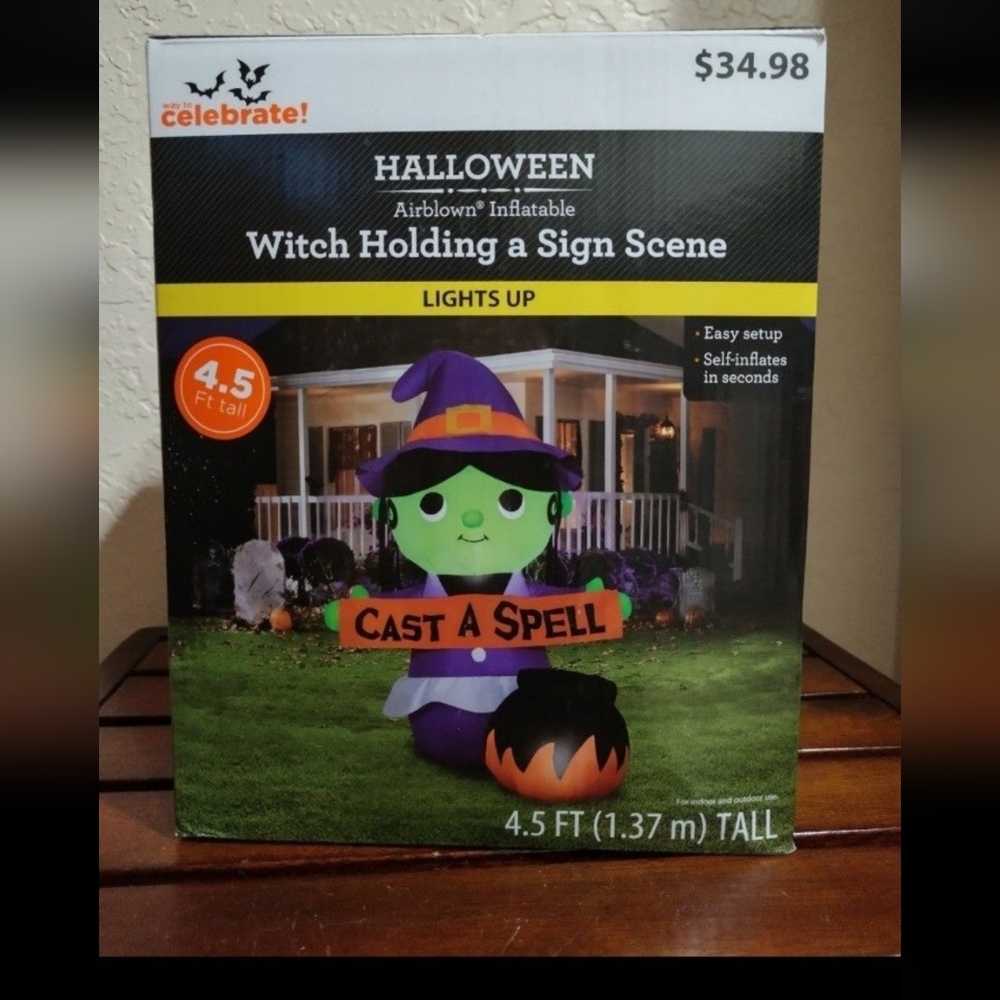 4.5' Halloween Witch Holding Sign Inflatable Cast A Spell Lights Up NEW